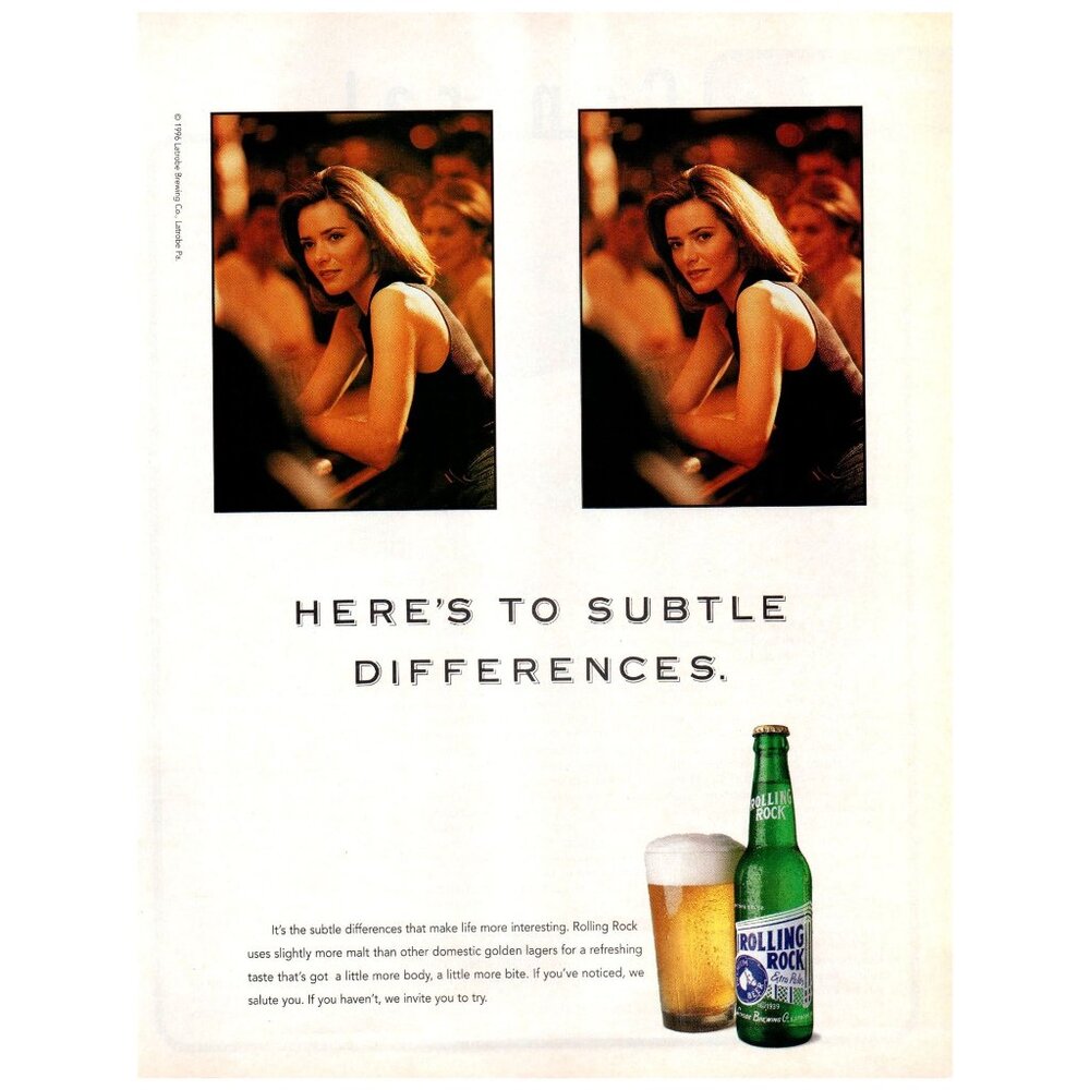 1996 Rolling Rock Lager Beer Vintage Print Ad Woman Smiling at the Bar Wall Art
